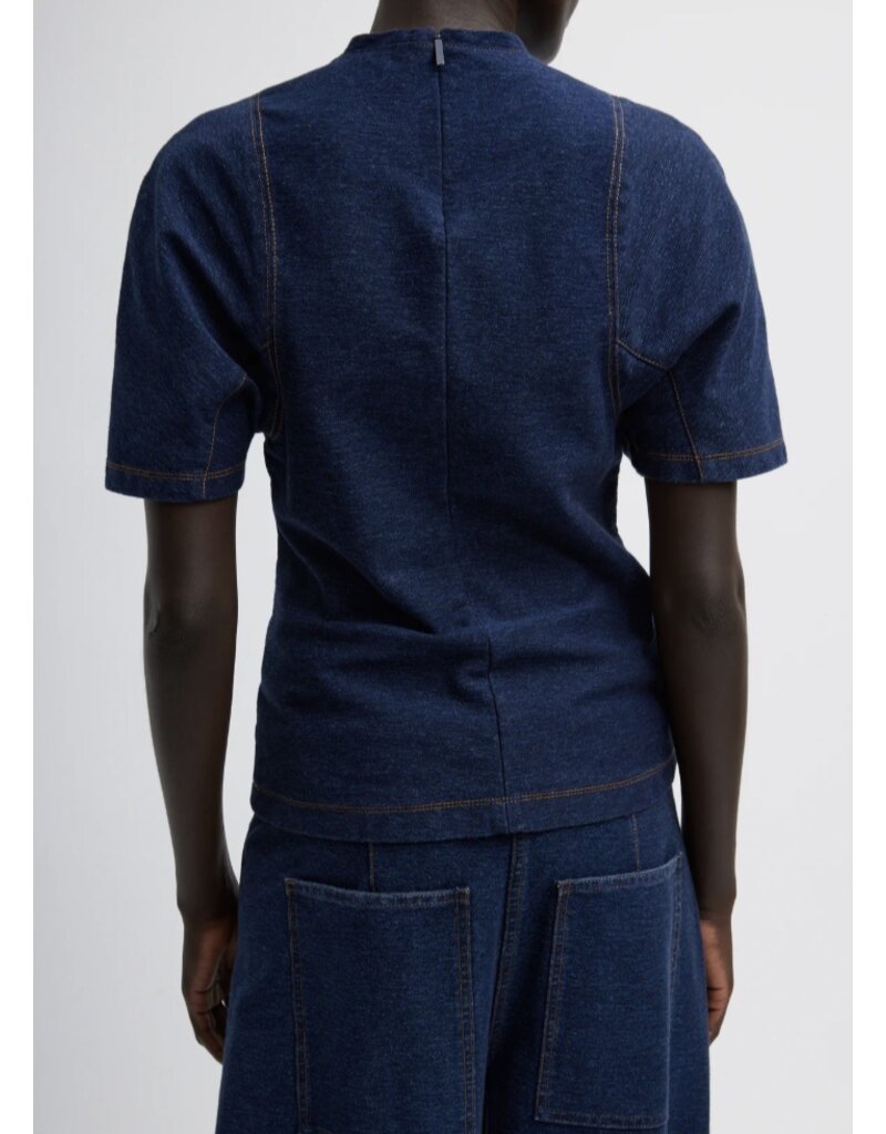 Tibi BARRE DENIM KNIT SCULPTED SHRUNKEN T-SHIRT