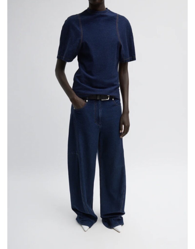 Tibi BARRE DENIM KNIT SCULPTED SHRUNKEN T-SHIRT