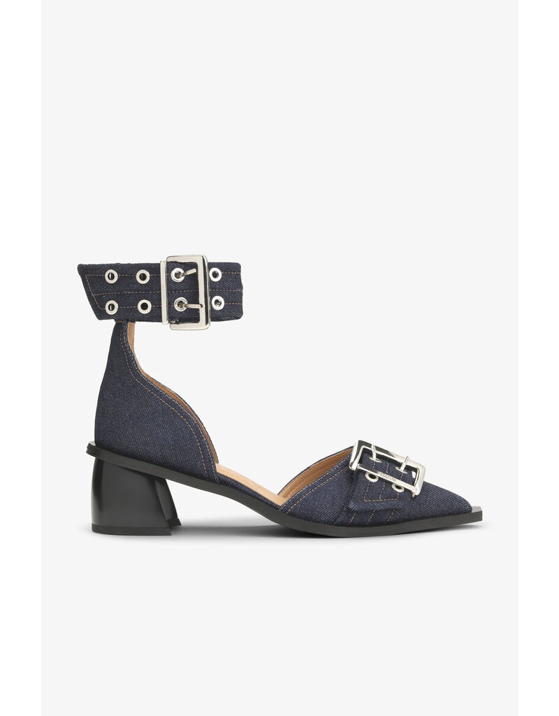 Ganni Feminine Buckle Open Cut Pump Denim