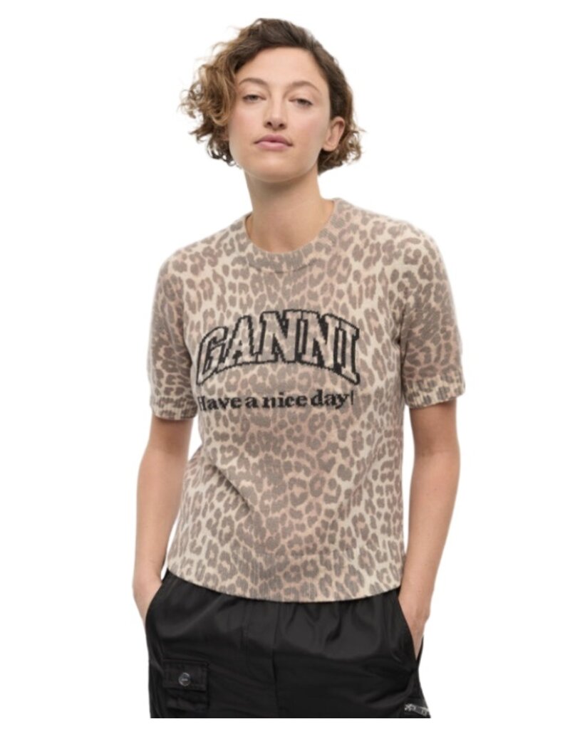 Ganni Graphic Wool Mix Printed Leopard T-Shirt
