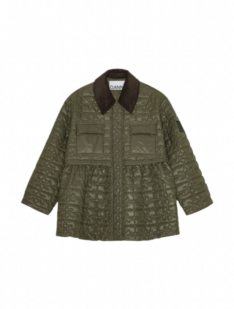 Ganni Shiny Quilt Midi Jacket w/ Flare