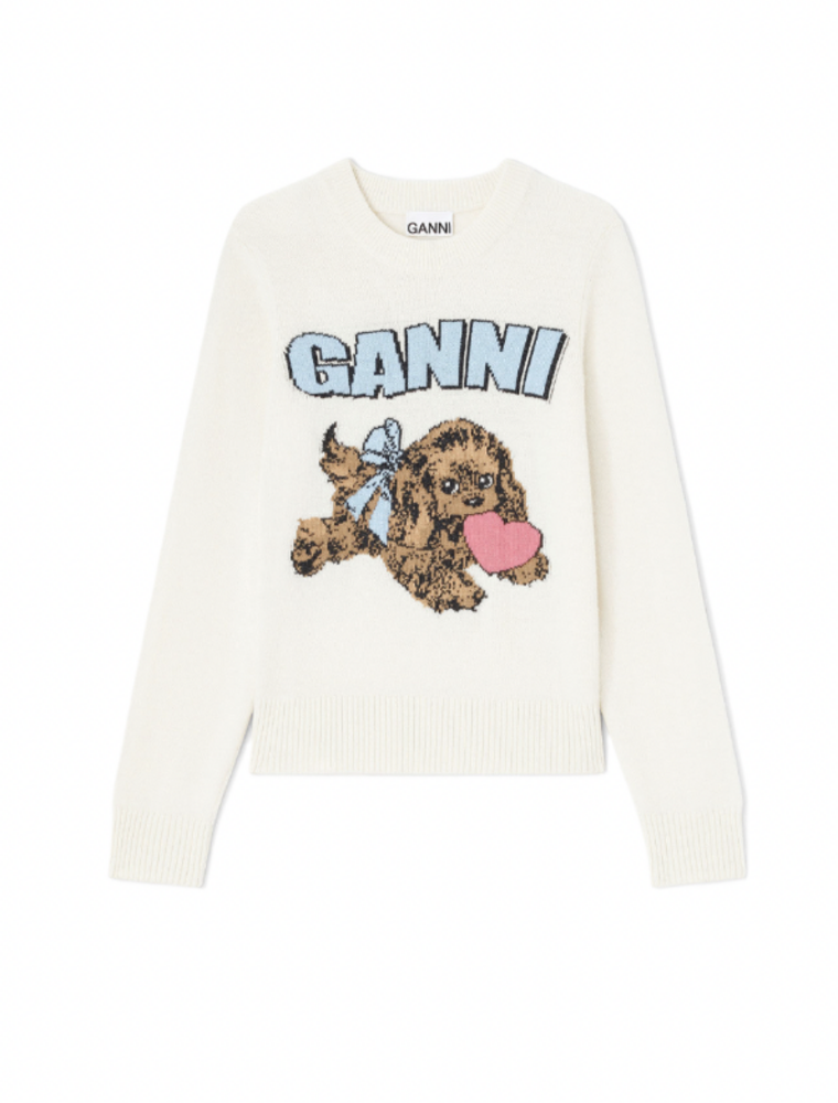 Ganni Graphic Wool Puppy Love Crewneck