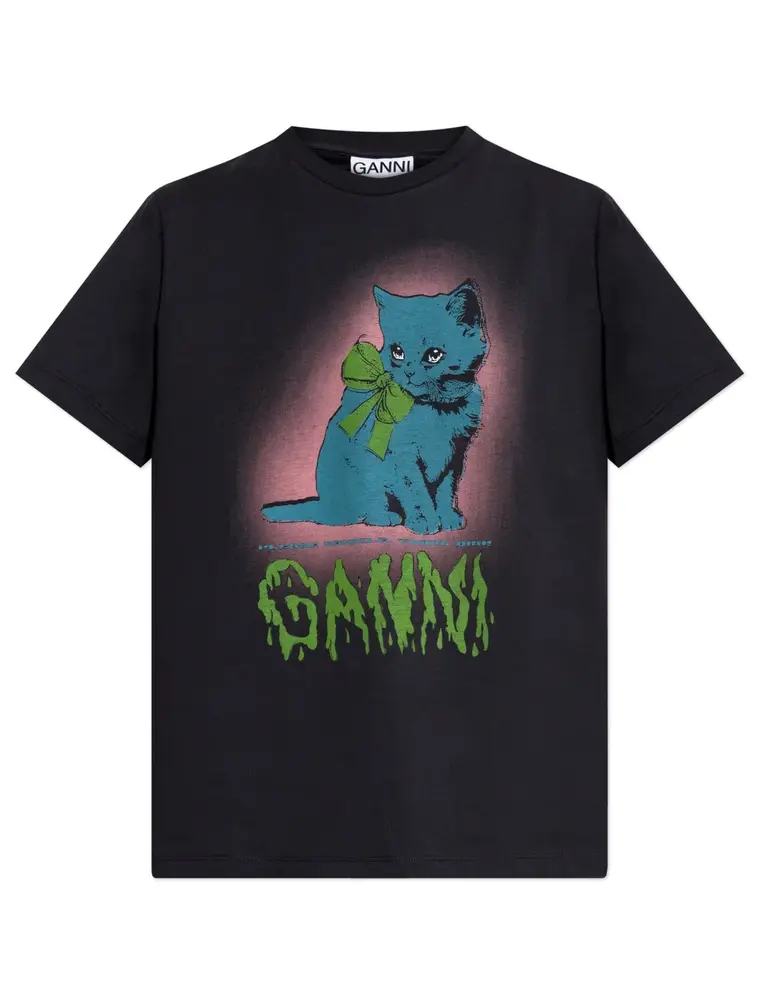 Ganni Basic Cotton Jersey Neon Kitty T-Shirt