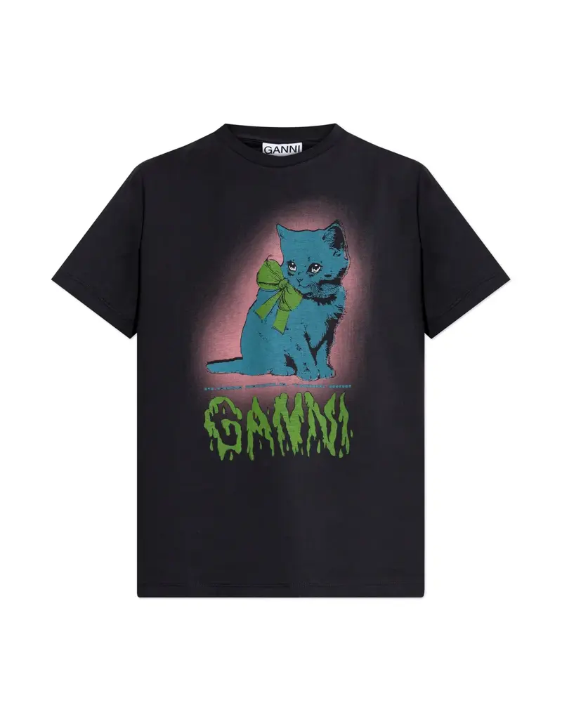 Ganni Basic Cotton Jersey Neon Kitty T-Shirt
