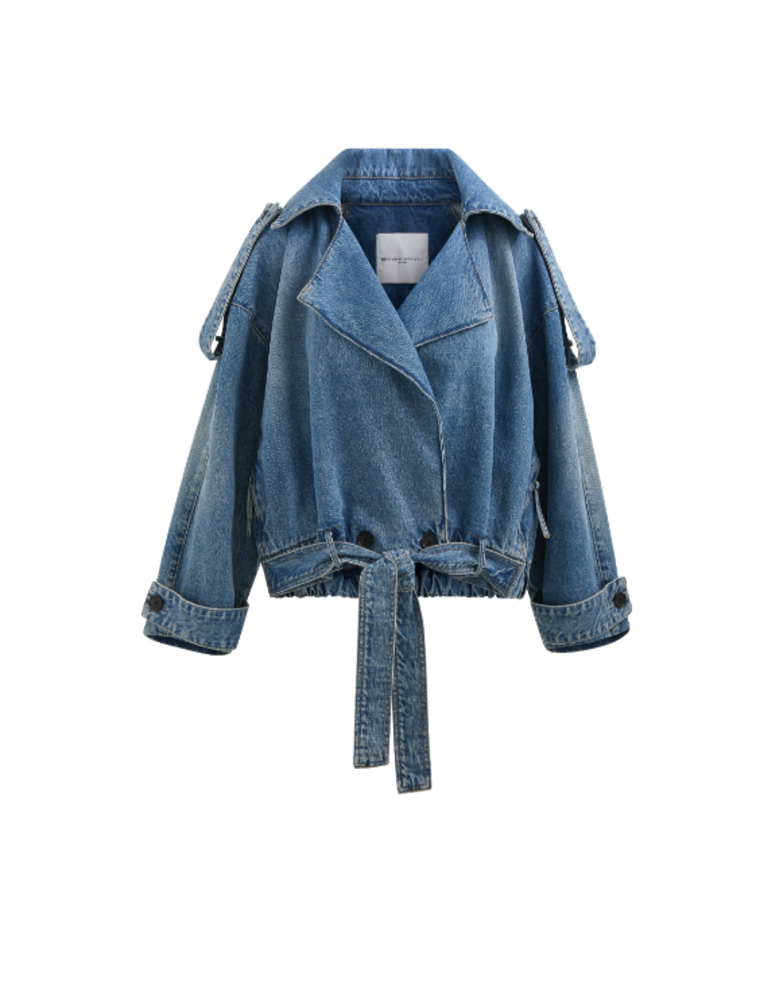 BRANDON MAXWELL THE REGAN DENIM TRENCH COAT WITH BELTED WAIST