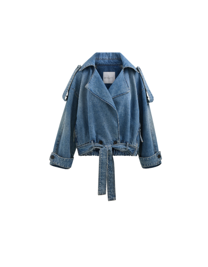 BRANDON MAXWELL THE REGAN DENIM TRENCH COAT WITH BELTED WAIST