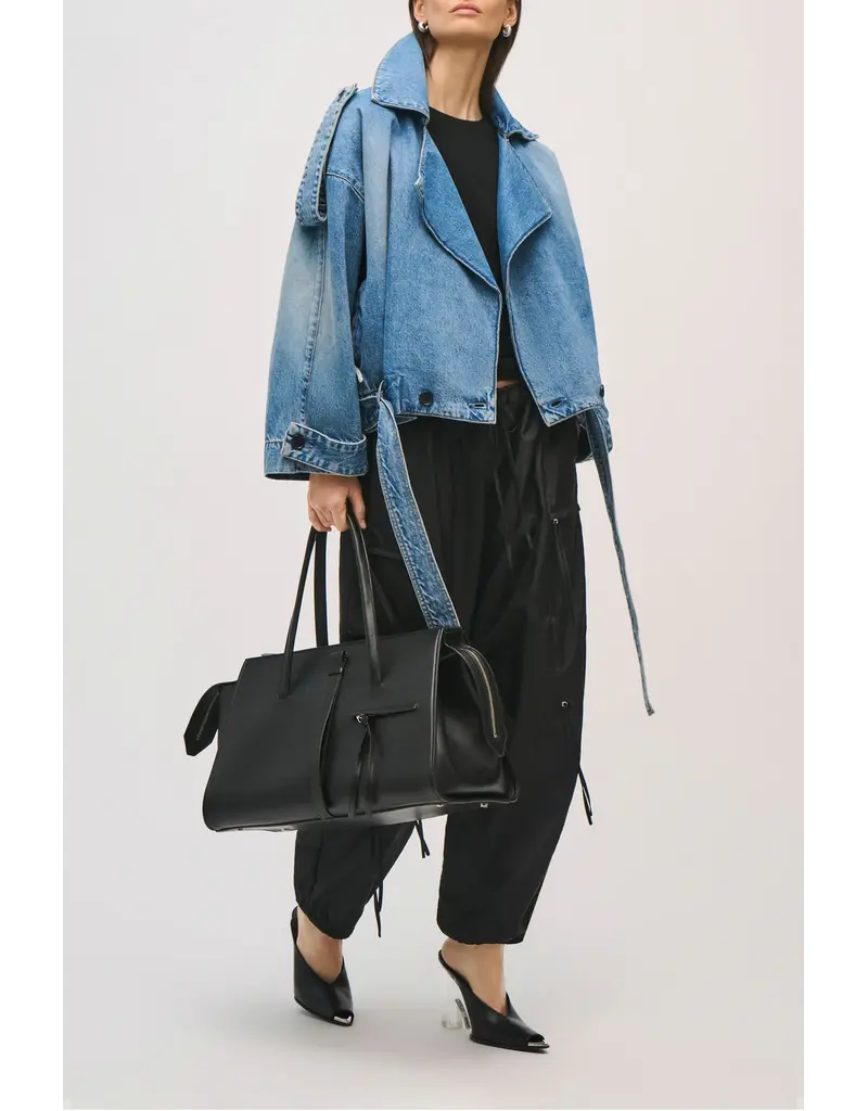 BRANDON MAXWELL THE REGAN DENIM TRENCH COAT WITH BELTED WAIST
