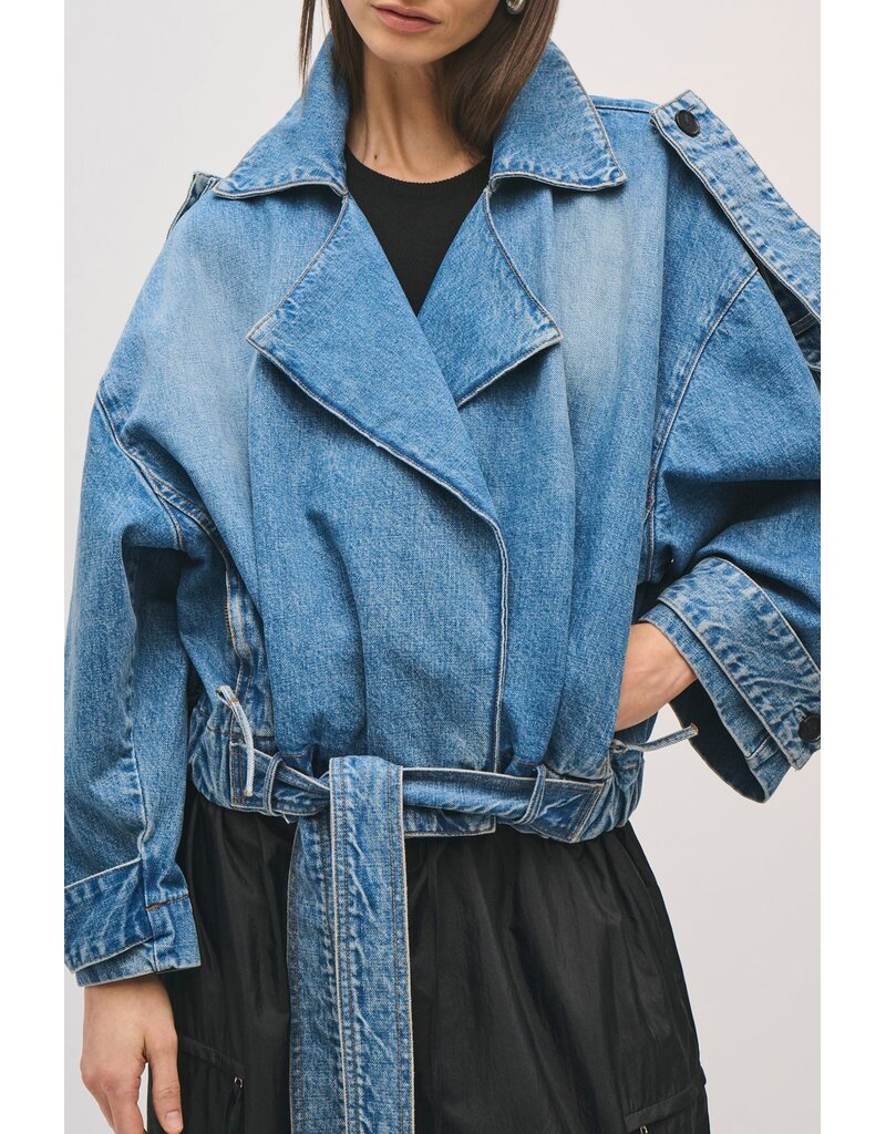 BRANDON MAXWELL THE REGAN DENIM TRENCH COAT WITH BELTED WAIST