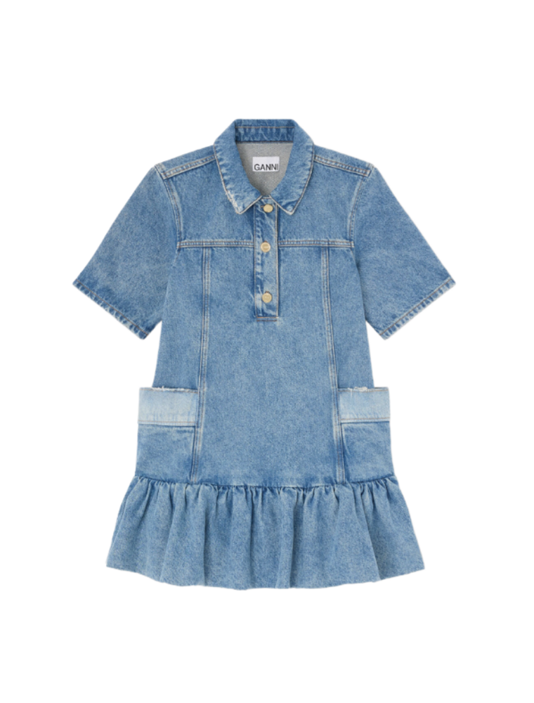Ganni Patchwork Denim Peplum Mini Dress