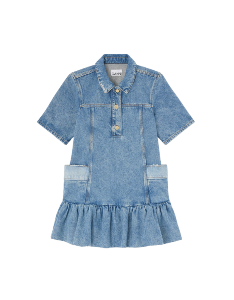 Ganni Patchwork Denim Peplum Mini Dress