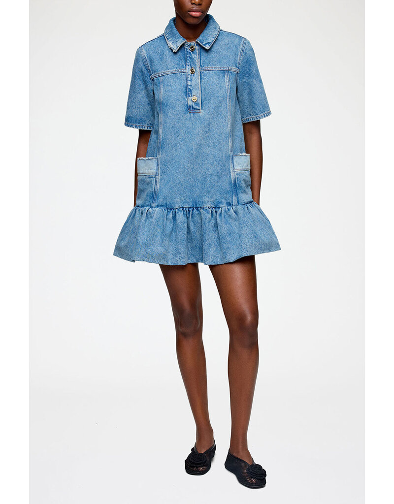 Ganni Patchwork Denim Peplum Mini Dress
