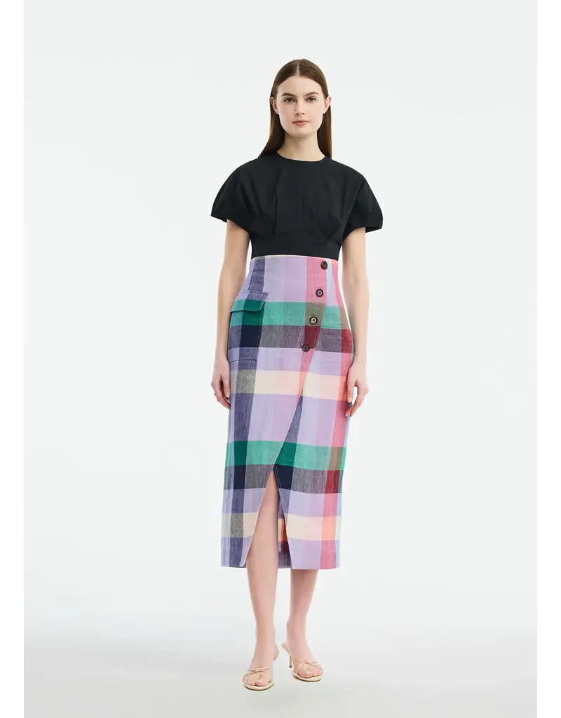 LELA ROSE PLAID LINEN ASYMMETRICAL SKIRT