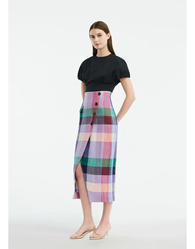 LELA ROSE PLAID LINEN ASYMMETRICAL SKIRT