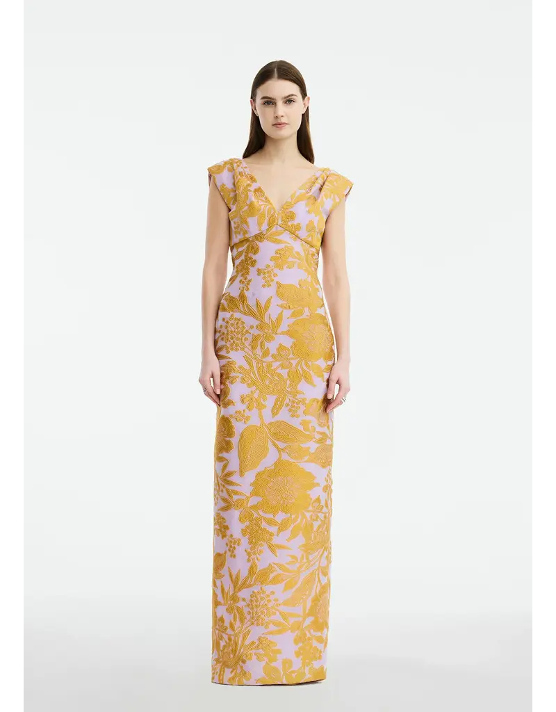 LELA ROSE FLORAL FIL COUPE V NECK GOWN