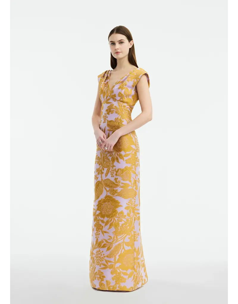 LELA ROSE FLORAL FIL COUPE V NECK GOWN