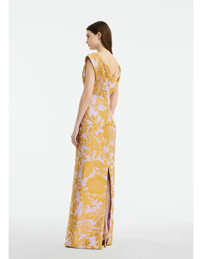 LELA ROSE FLORAL FIL COUPE V NECK GOWN