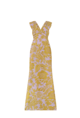 LELA ROSE FLORAL FIL COUPE V NECK GOWN