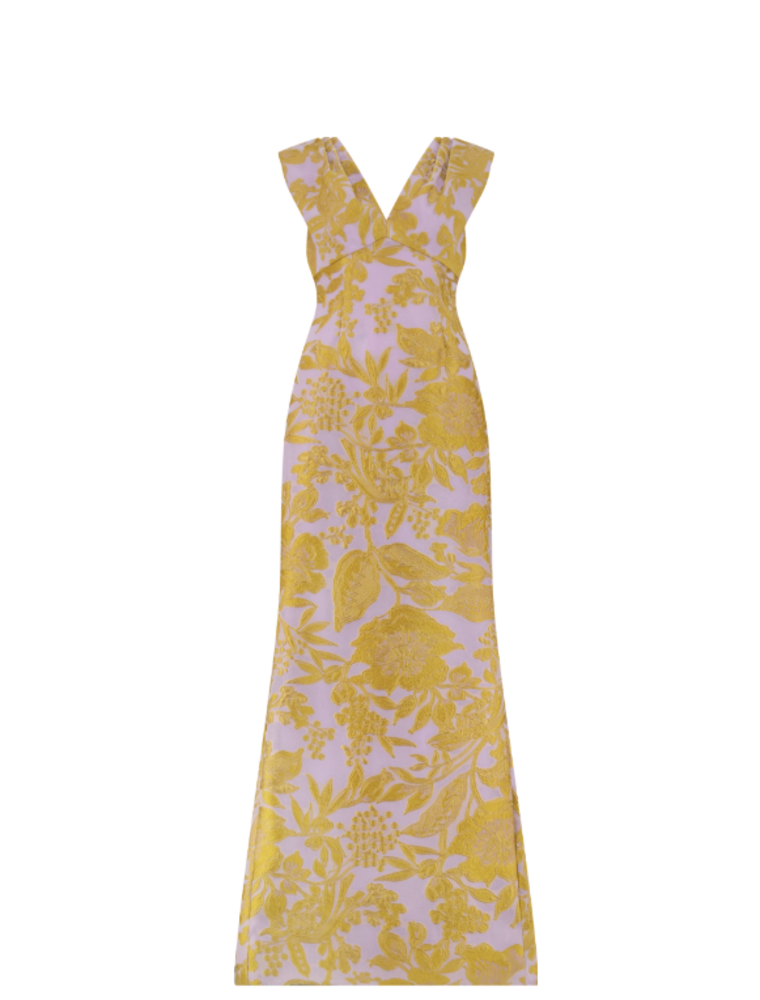 LELA ROSE FLORAL FIL COUPE V NECK GOWN