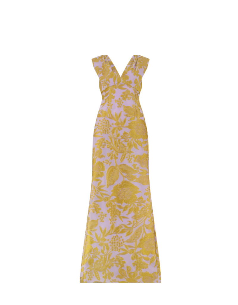 LELA ROSE FLORAL FIL COUPE V NECK GOWN