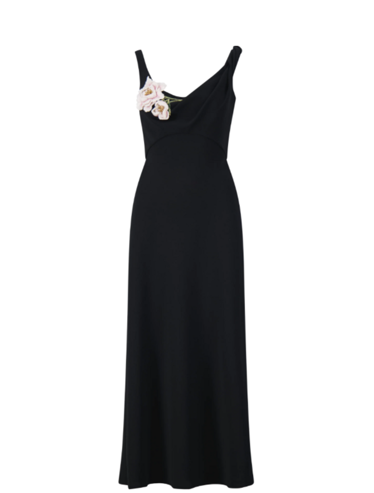 LELA ROSE 3D PEONY EMBRIODERED FLUID CREPE TWIST GOWN