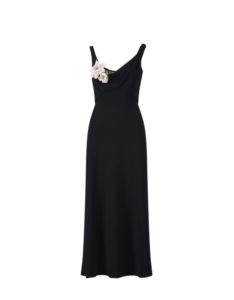 LELA ROSE 3D PEONY EMBRIODERED FLUID CREPE TWIST GOWN