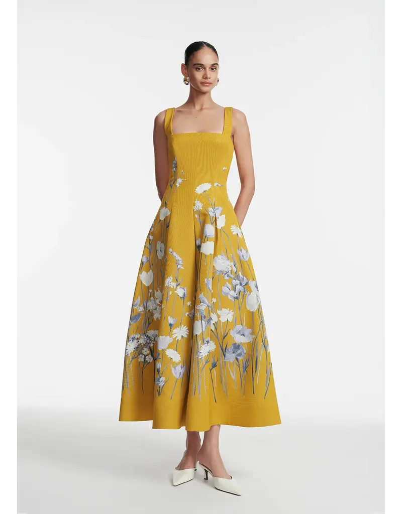 LELA ROSE Floral Faille Square Neck Dress