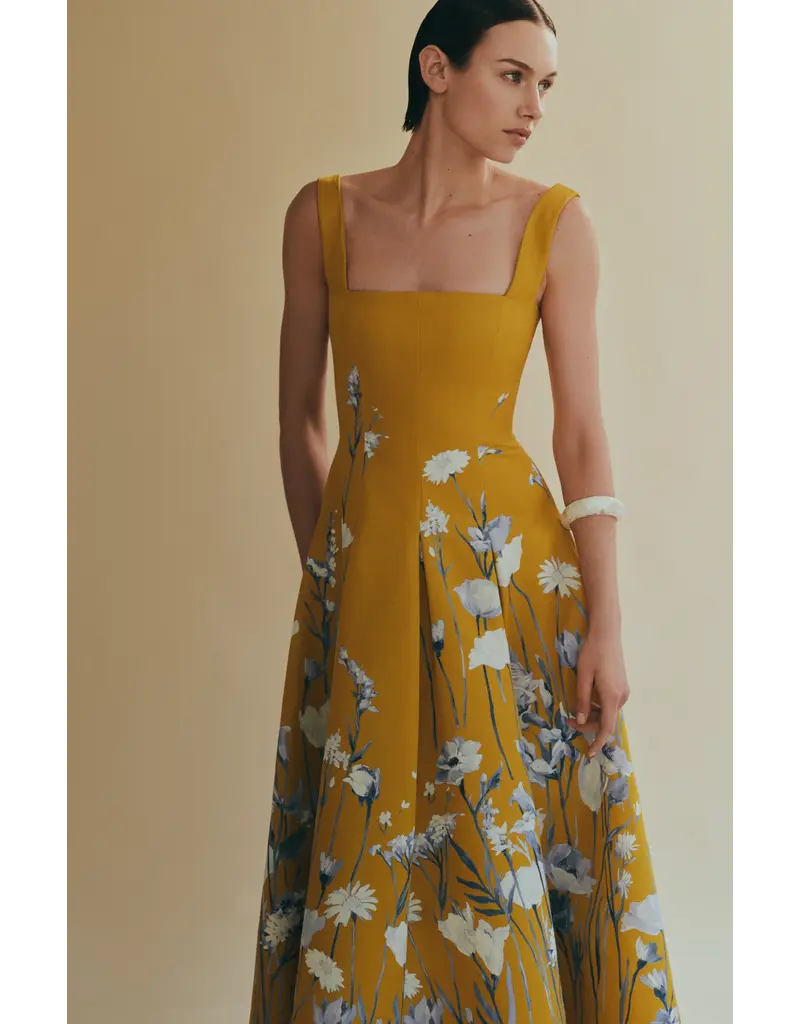 LELA ROSE Floral Faille Square Neck Dress