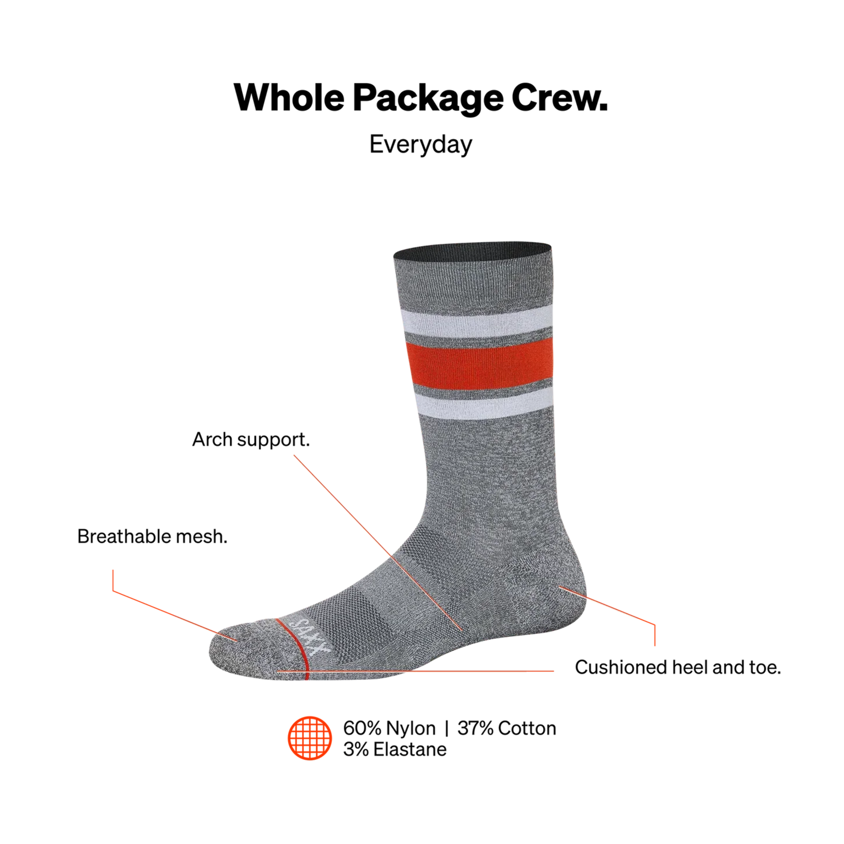 SAXX WHOLE PACKAGE Crew Socks / Athletic Stripe- Grey