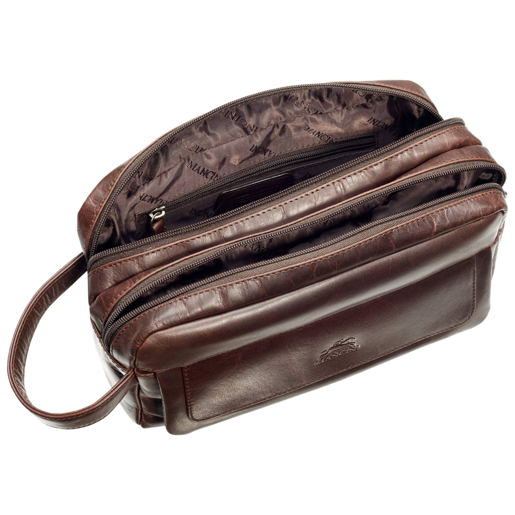 Mancini Double Compartment Buffalo Leather Top Zipper Toiletry Kit