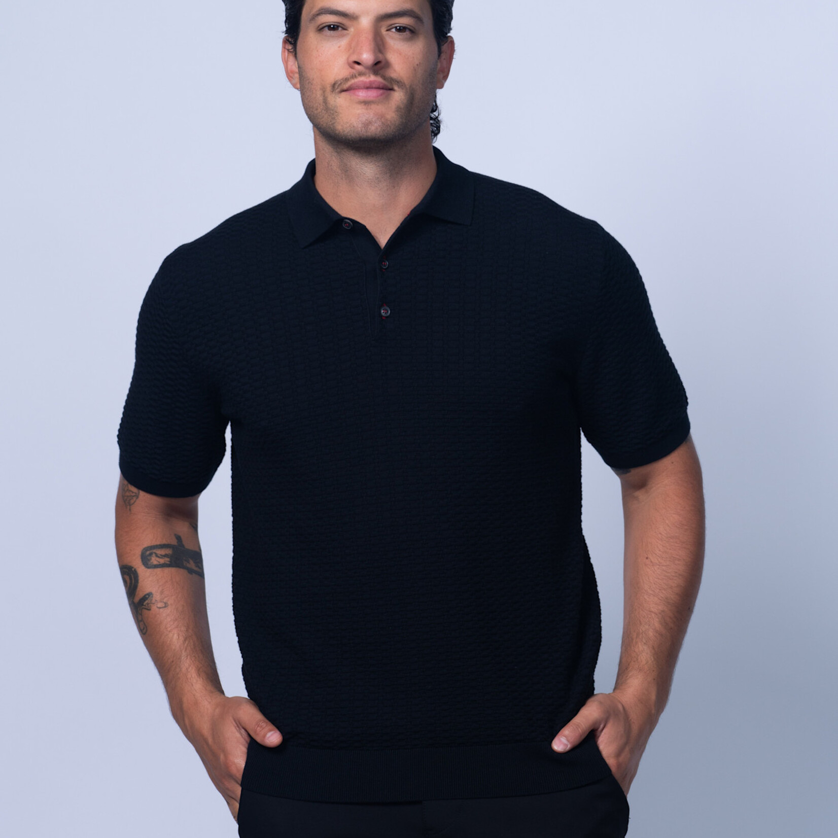 7 Downie Street WAFFLE KNIT POLO | Black