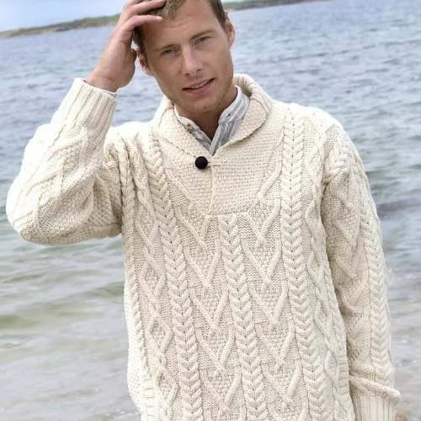 Aran Crafts SHAWL COLLAR SWEATER | Natural