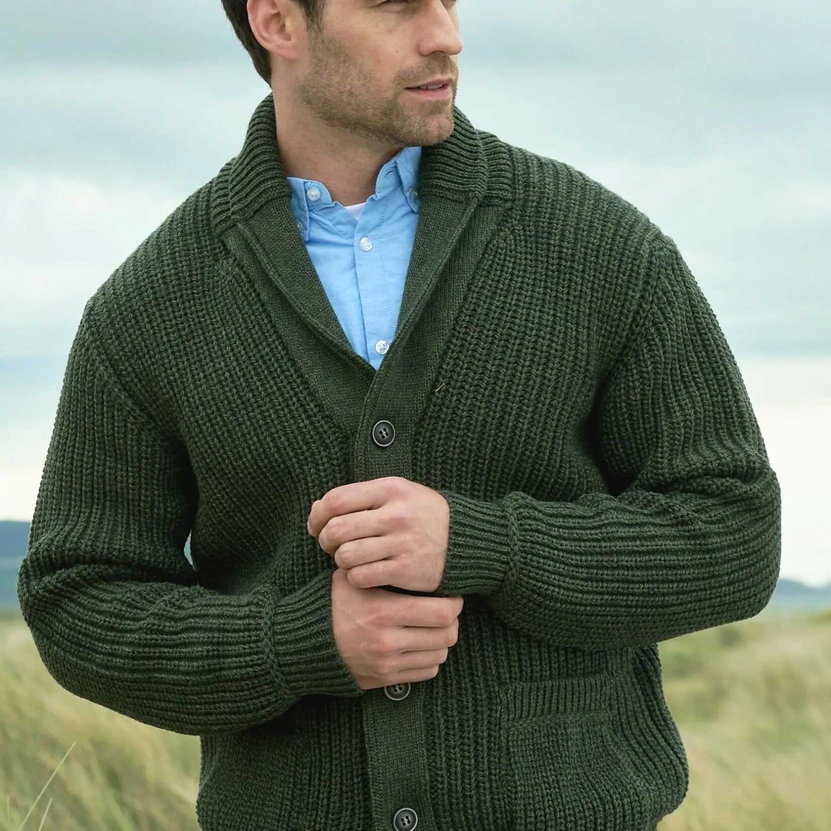Aran Crafts RIBBED SHAWL COLLAR CARDIGAN | Olive Green