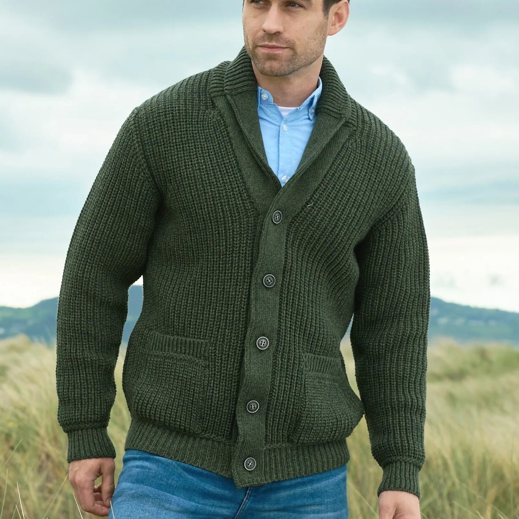 Aran Crafts RIBBED SHAWL COLLAR CARDIGAN | Olive Green