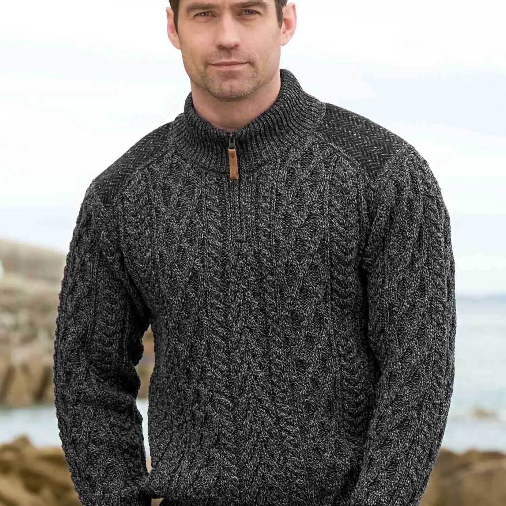 Aran Crafts CURRACLOE 1/2 ZIP SWEATER | Charcoal