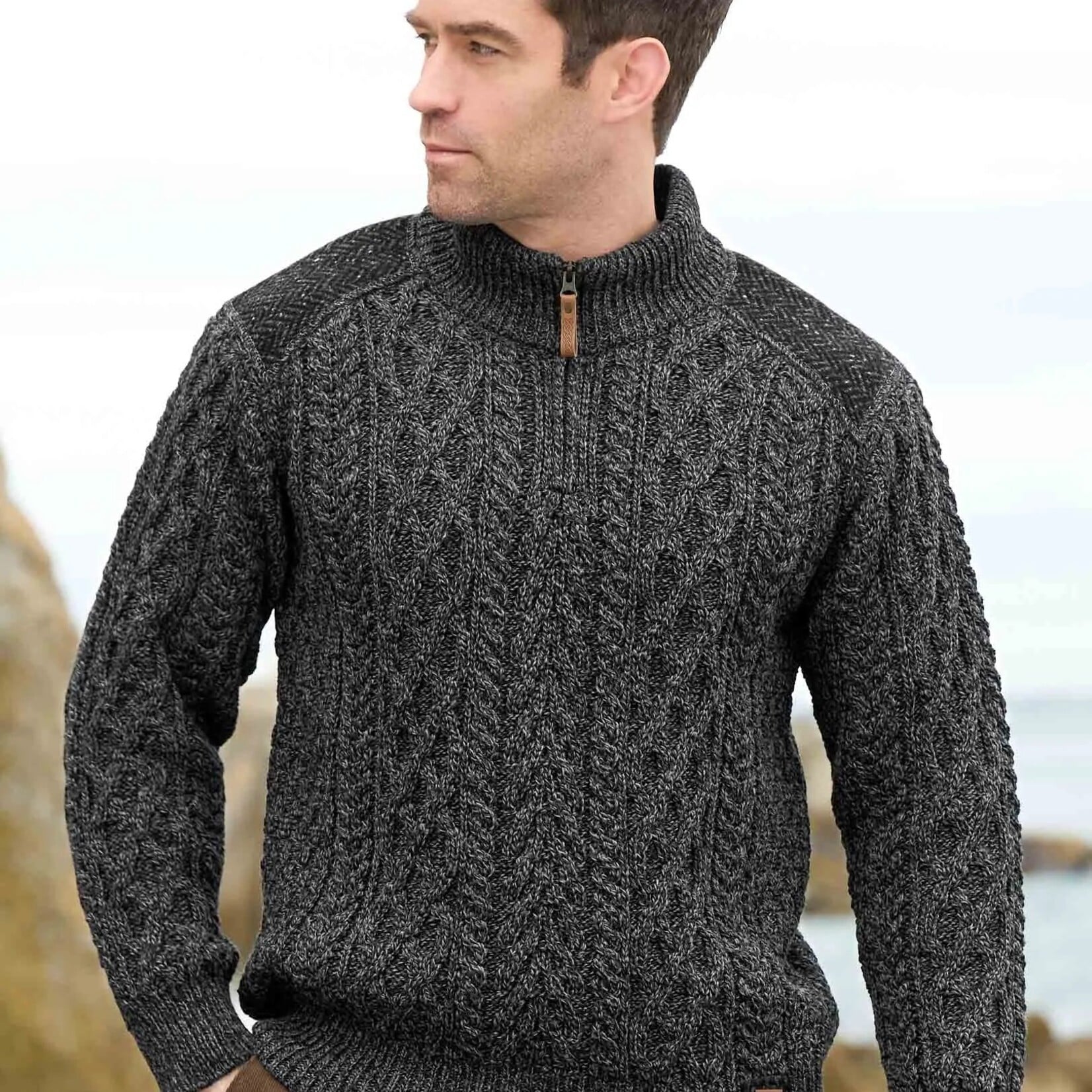 Aran Crafts CURRACLOE 1/2 ZIP SWEATER | Charcoal