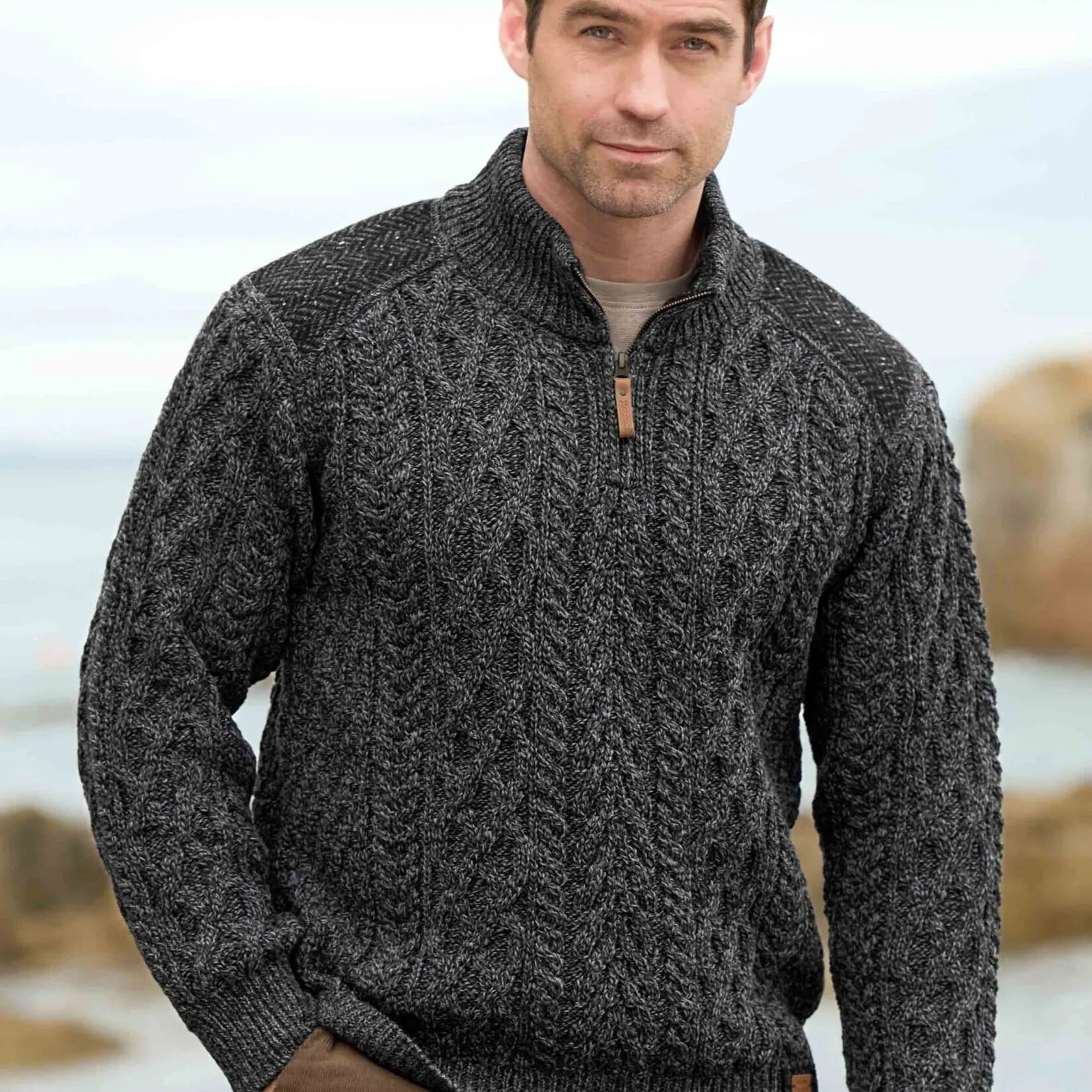 Aran Crafts CURRACLOE 1/2 ZIP SWEATER | Charcoal
