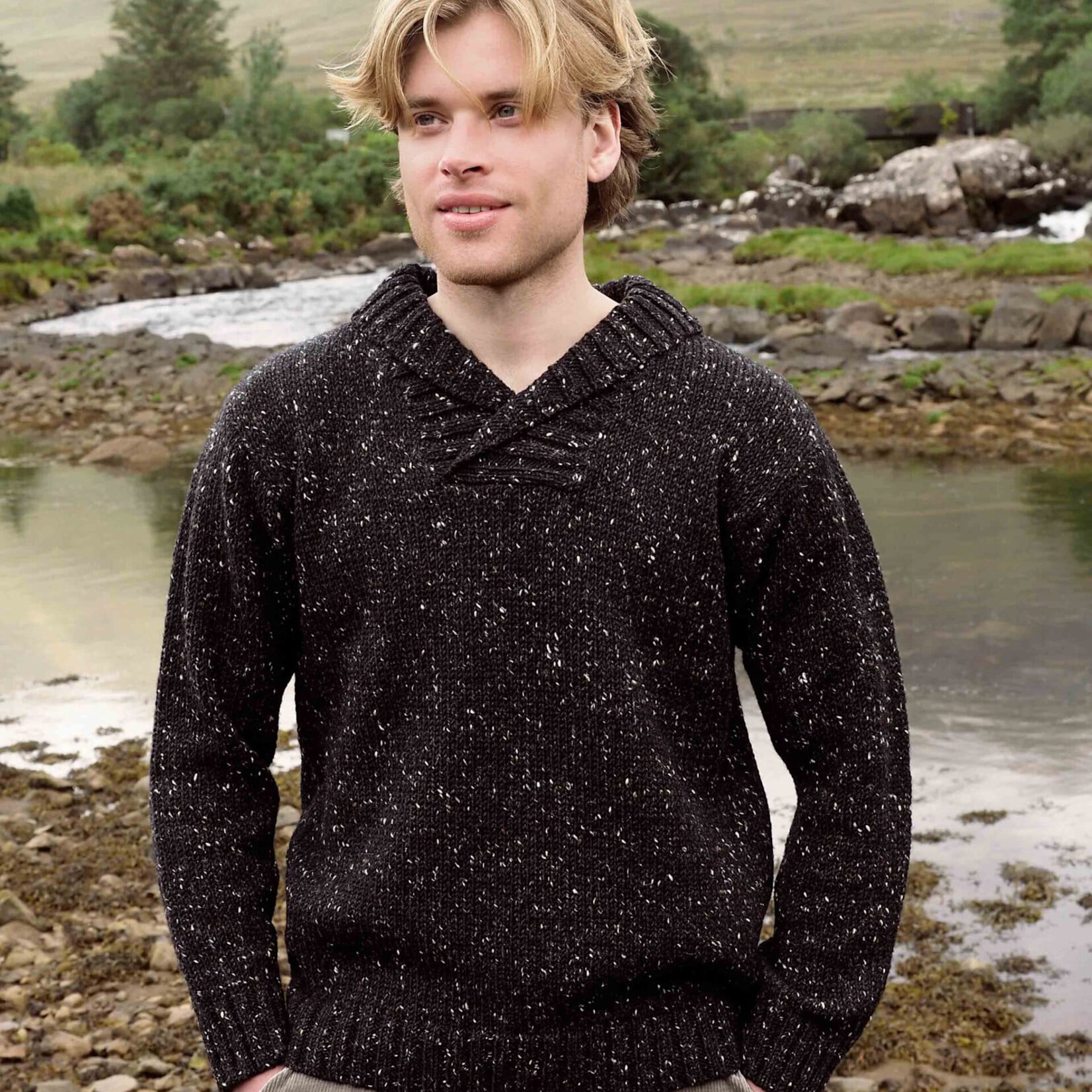 Aran Crafts DONEGAL SHAWL NECK SWEATER | Black