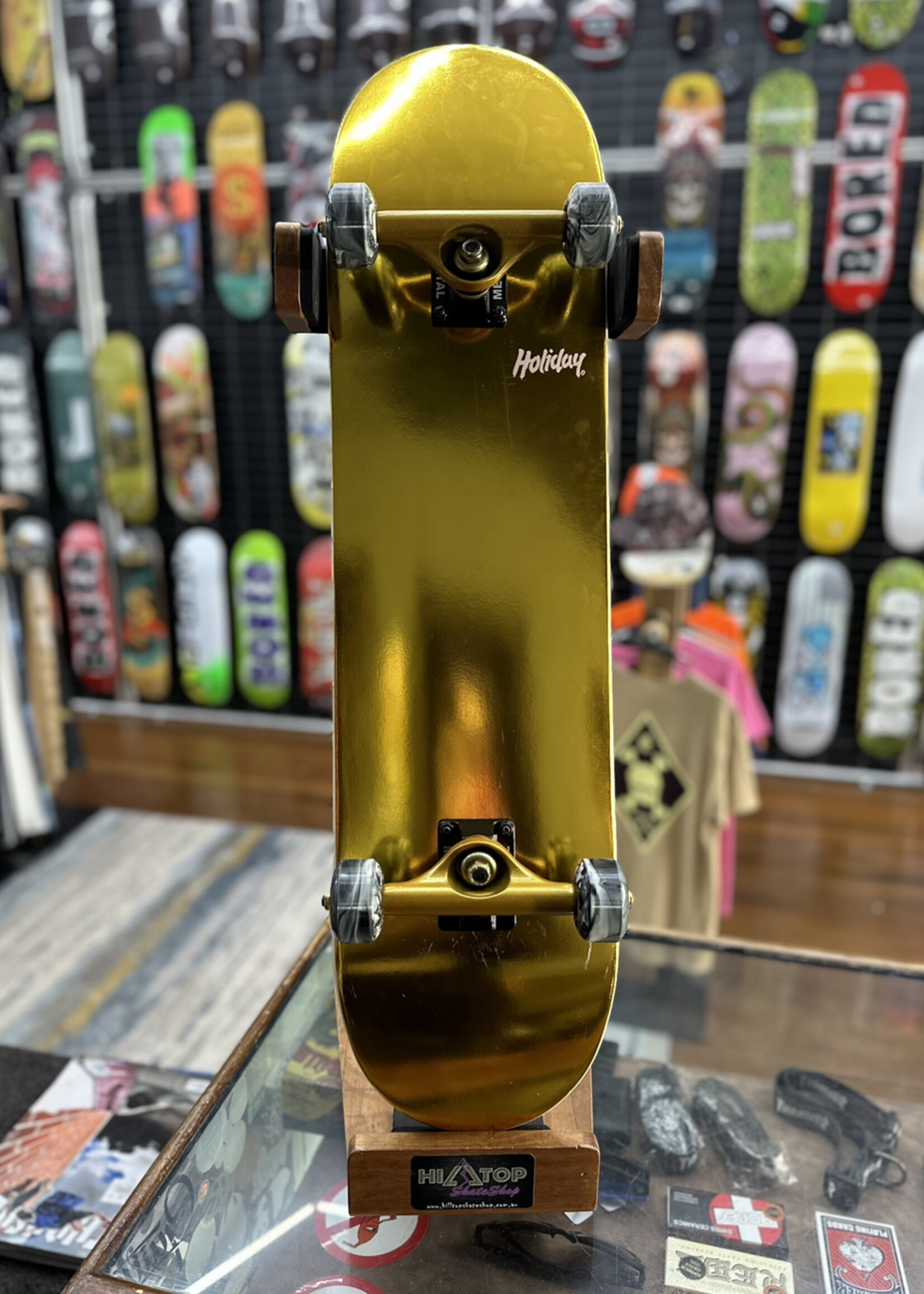 Holiday Skateboards HOLIDAY SKATEBOARDS - Gold/Gold Trucks Black/White Swirl Wheels - Complete - 8.0"