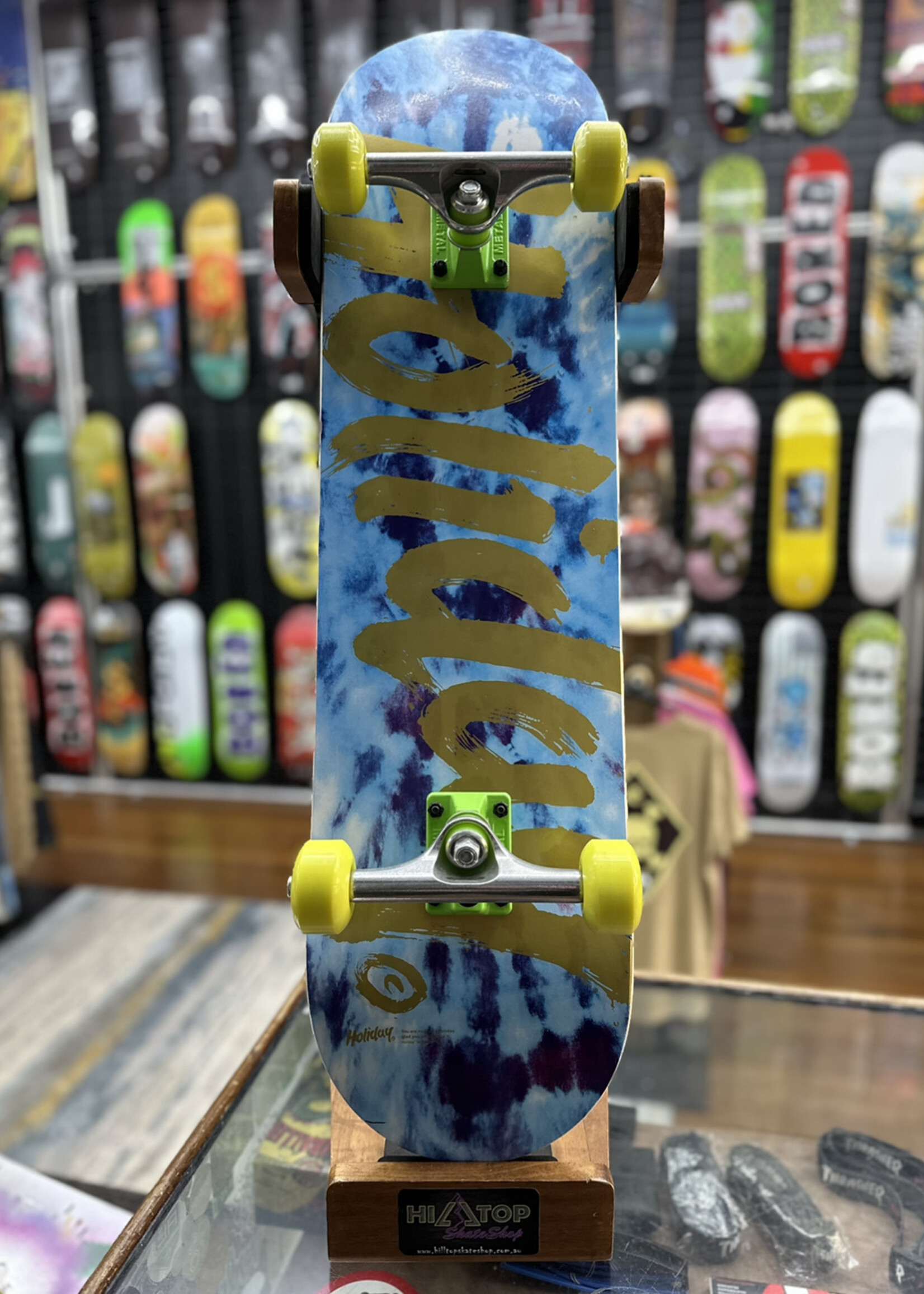 Holiday Skateboards HOLIDAY SKATEBOARDS - Tie Dye Blue Ice/Yellow Trucks/Green Wheels Complete - 8.125"