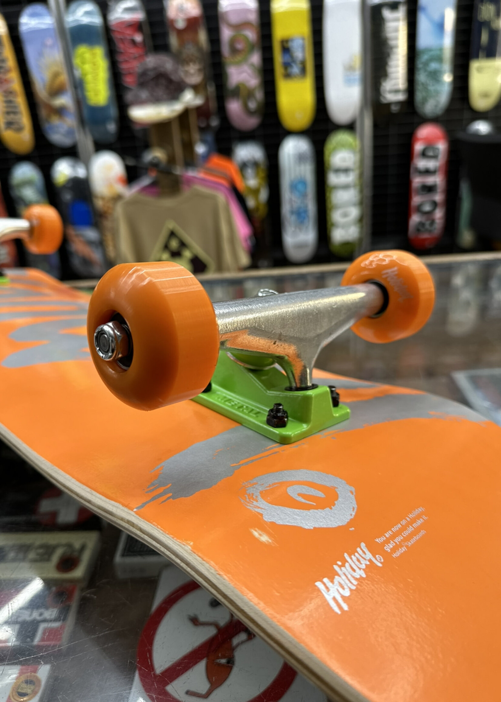 Holiday Skateboards HOLIDAYS SKATEBOARDS - Safety Orange Green Trucks Complete - 8.125"