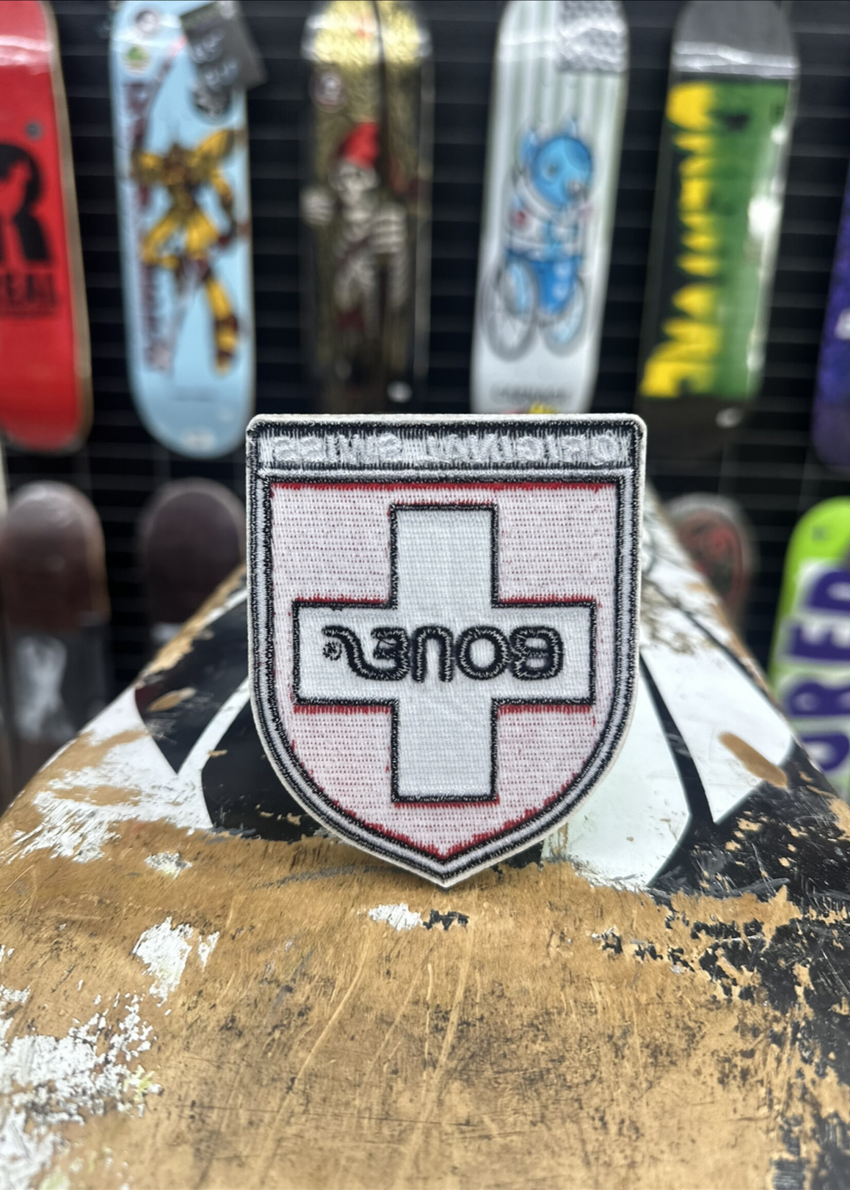 BONES BONES BEARINGS - Iron-on Patch Swiss Shield - 3.625"