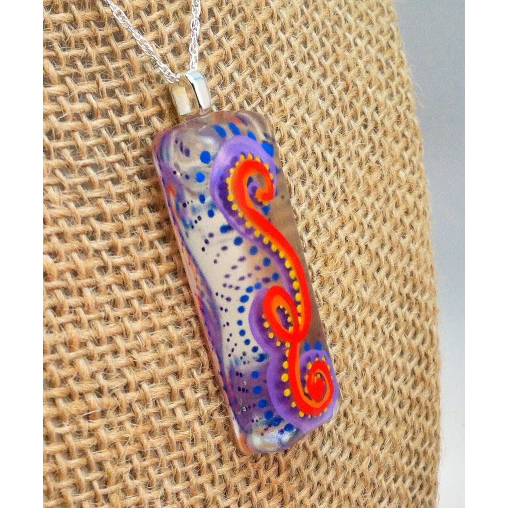Stirling Studios Hand painted resin pendant - abstract dots & swirl - rectangle shaped