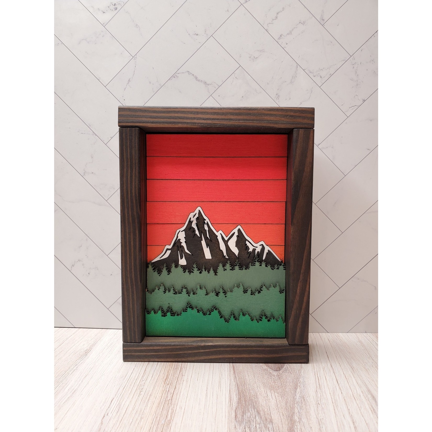 Logan Greenwood Mountain Art - Layered Trees - Red Sky - 6x8