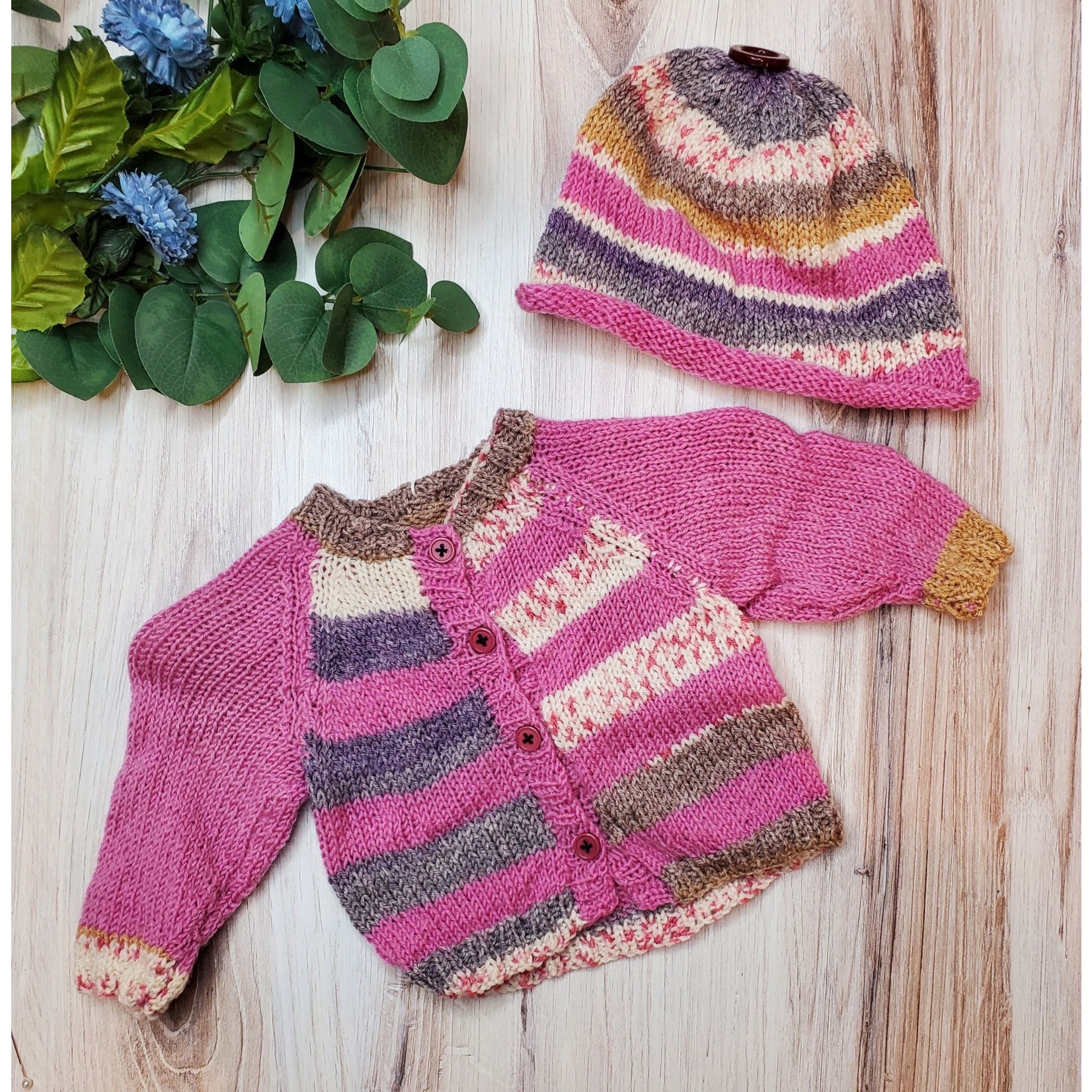Roan's Repertoire Sweater & Hat Set - Knitted - Pink & Purple - Size 3-9 mos.
