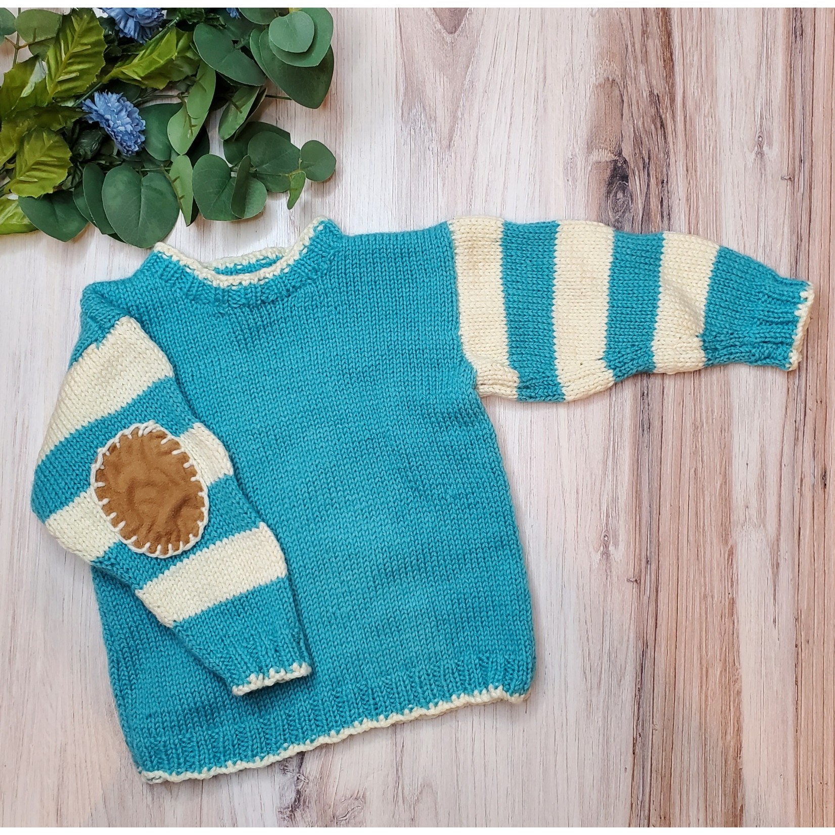 Roan's Repertoire Toddler Sweater - Blue with Elbow Patches - Knitted - Size 1-3 yrs.
