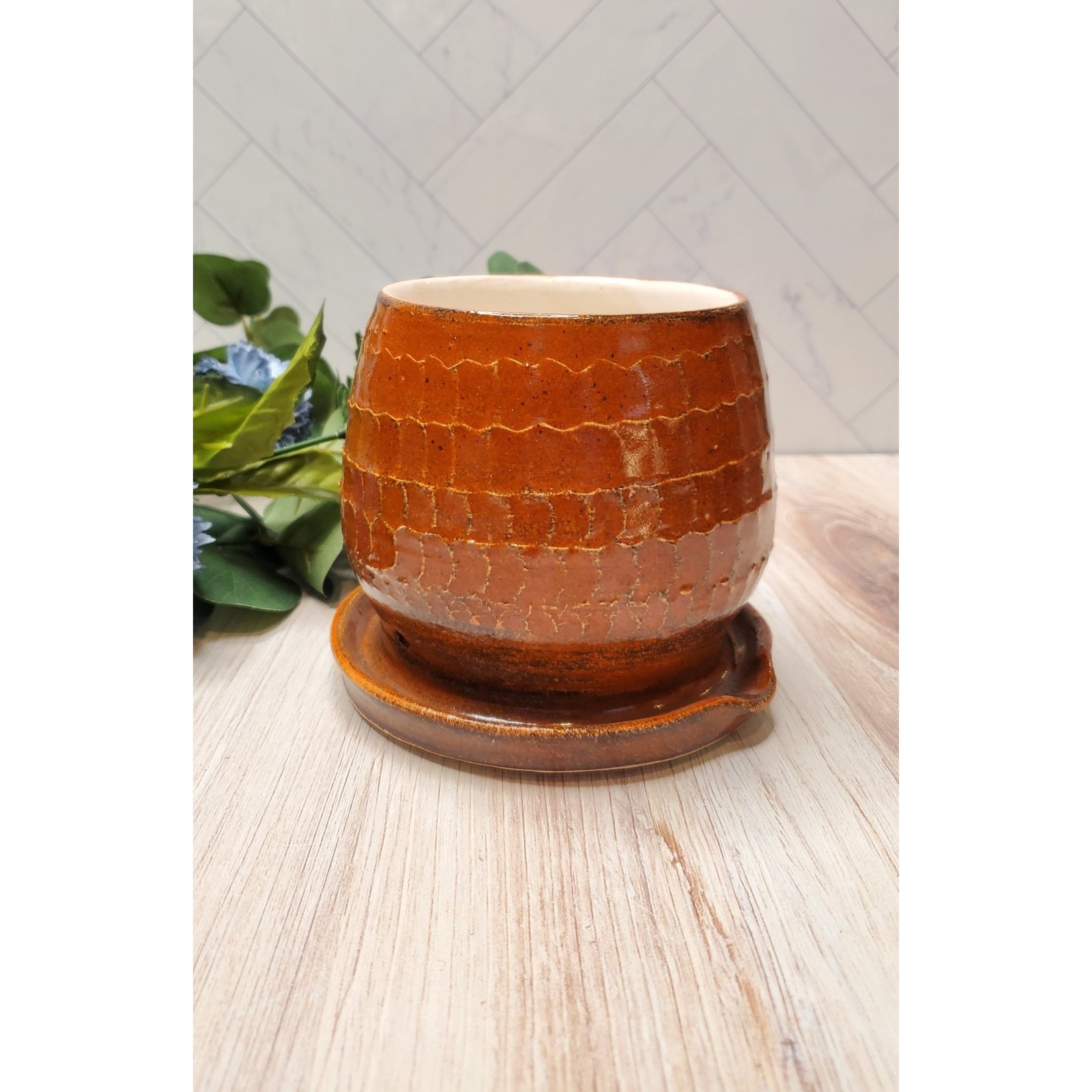 Effa Ceramics Orange Textured Planter with Attached Dish