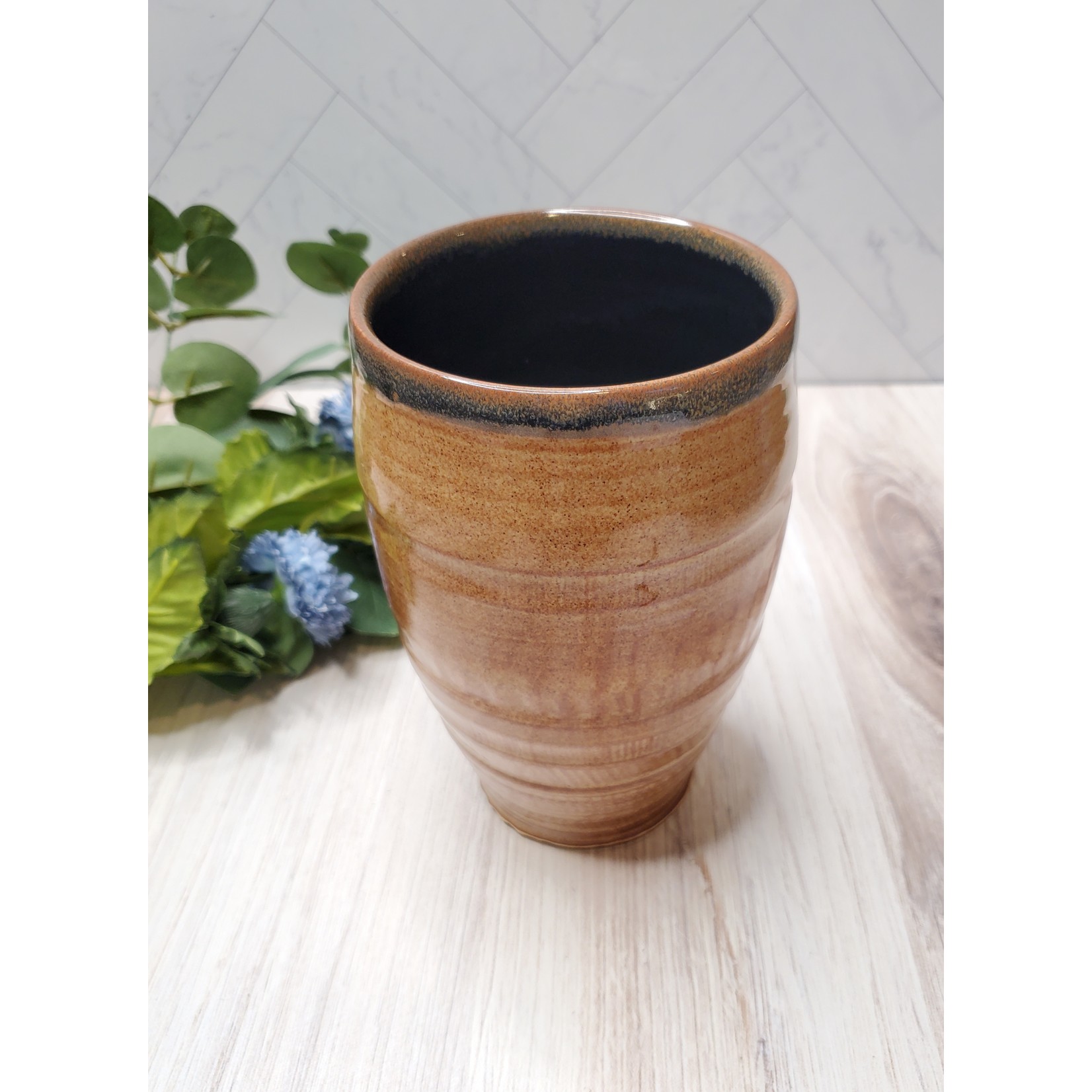 Effa Ceramics Orange & Tan XL Drinking Vessel / Vase - Black Inside