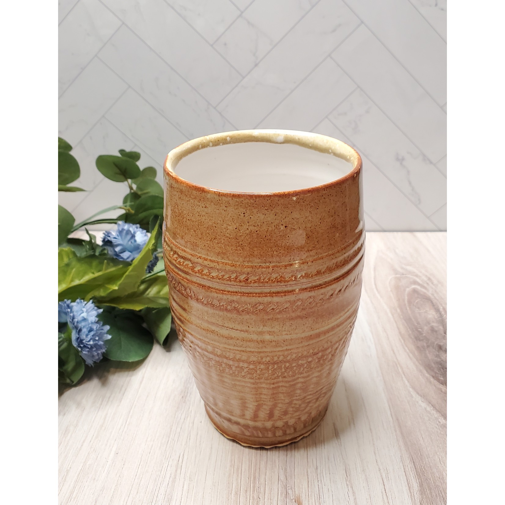 Effa Ceramics Orange & Tan  XL Drinking Vessel / Vase - White Inside