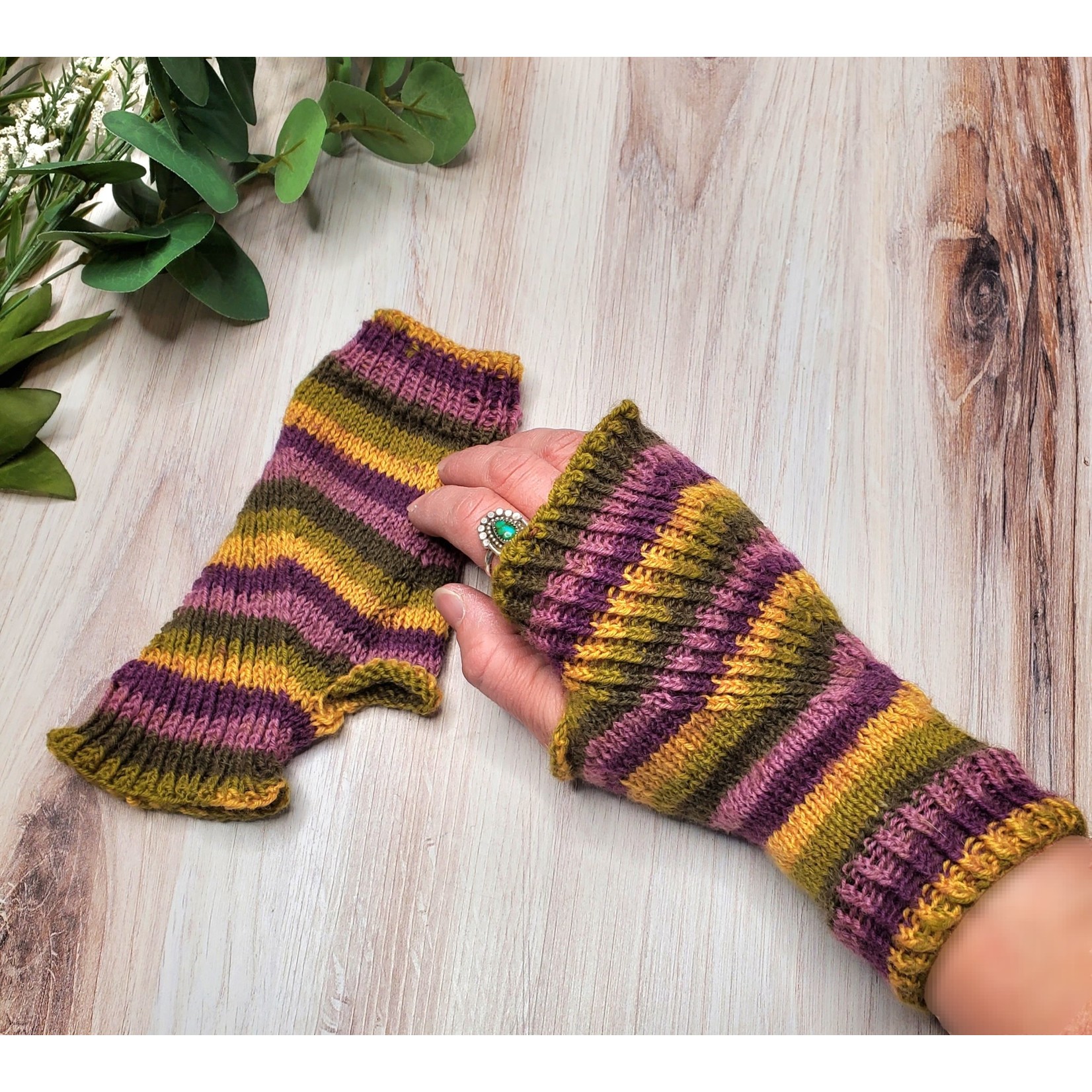Kate Kyler Straightforward Mitts - fingerless knit mitts - yellow stripe