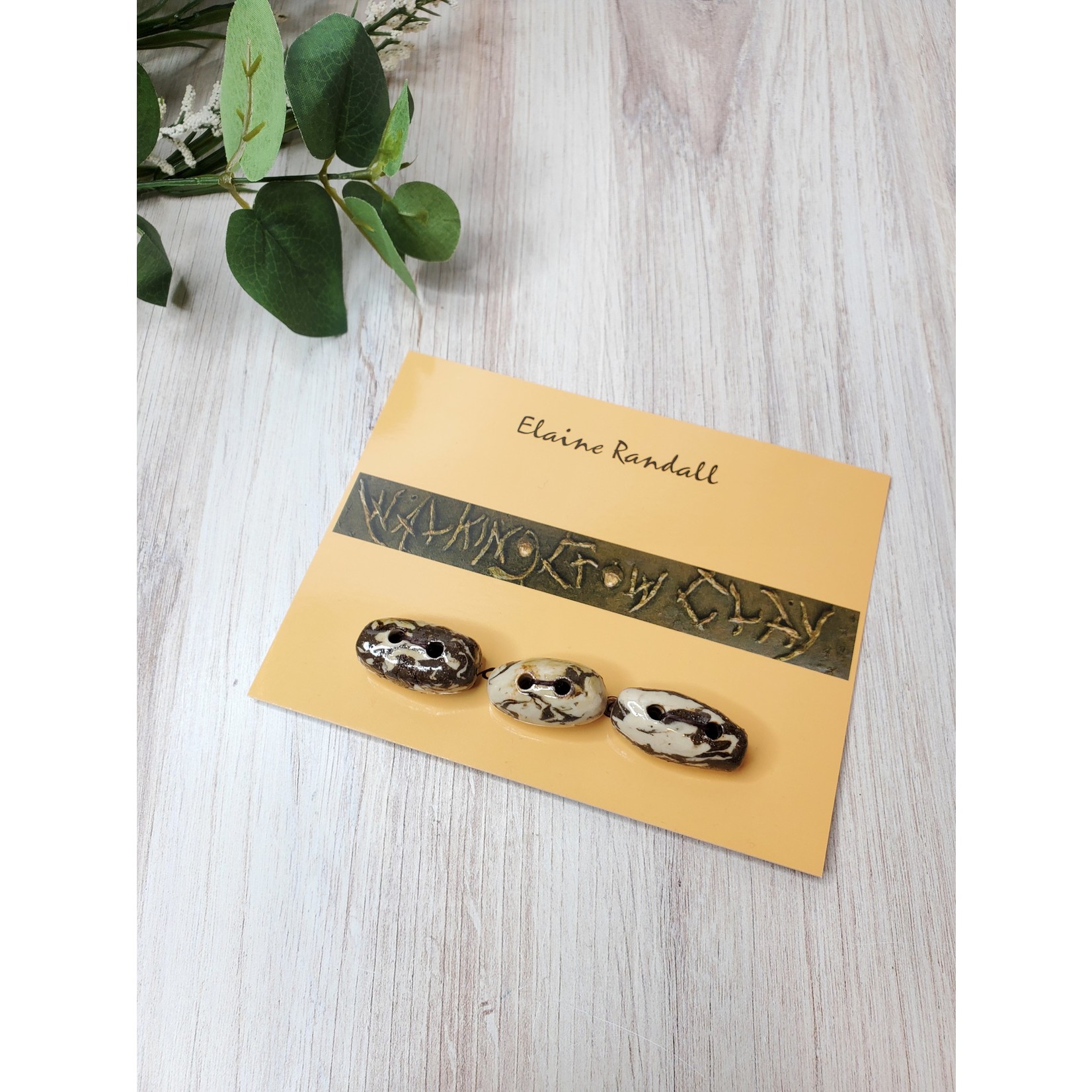 Elaine Randall Ceramic Buttons - cream & brown barrels - 3 pack